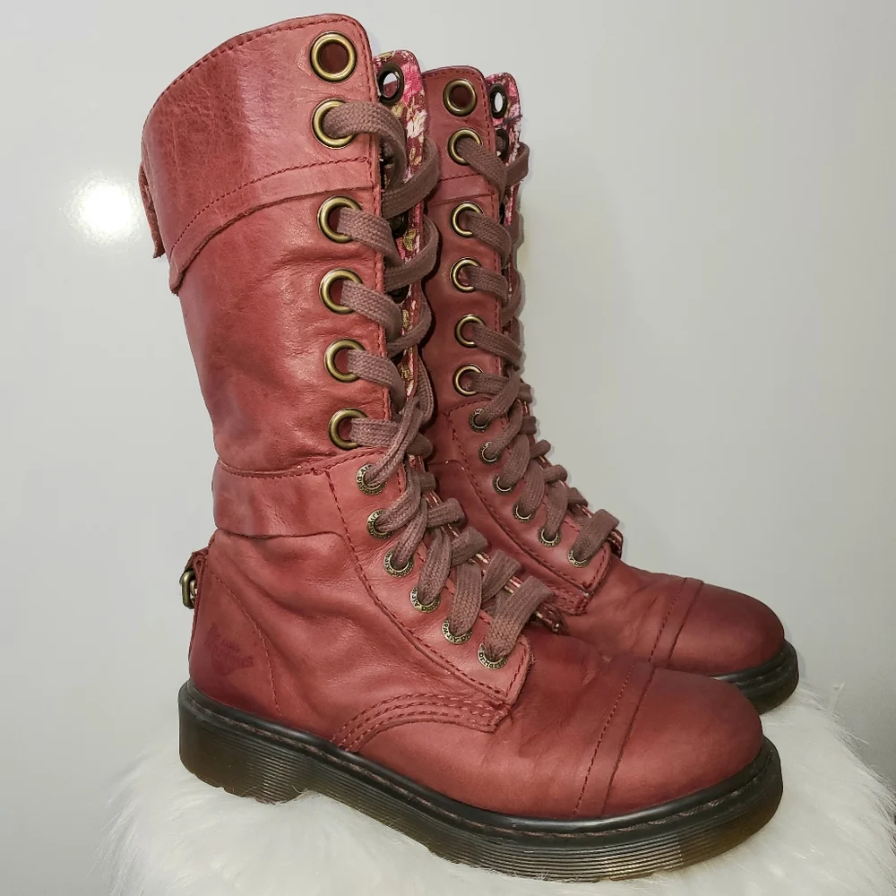 DR MARTENS Red Triumph Leather Floral Lace Up Foldable Boots 1914 W Size 6 - Picture 3 of 13